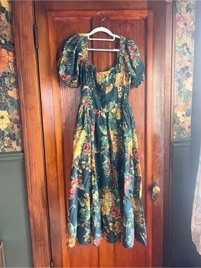 Lulus Large Adorable Tendencies Dark Teal Floral Puff Sleeve Midi Dress NWT
